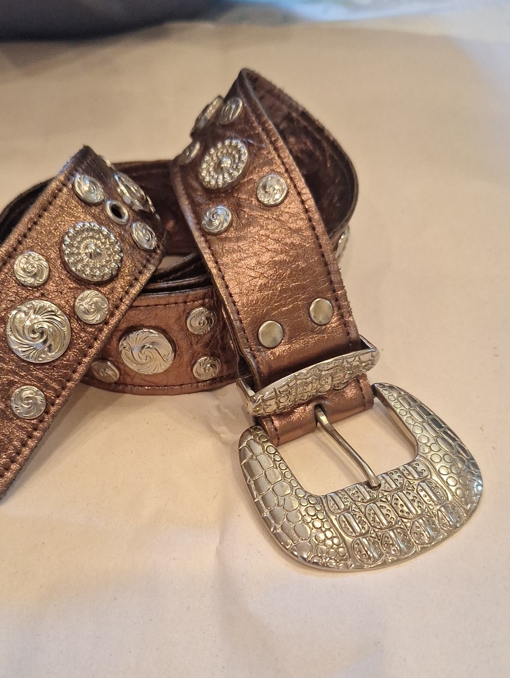 Women's Metallic Brown/ Coppe Studded Belt with Decorative Silver Buckle
